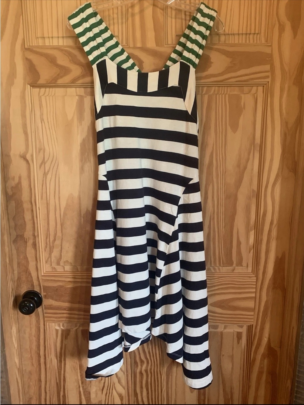 Anthropologie Black and White Striped Midi Dress with Green Straps